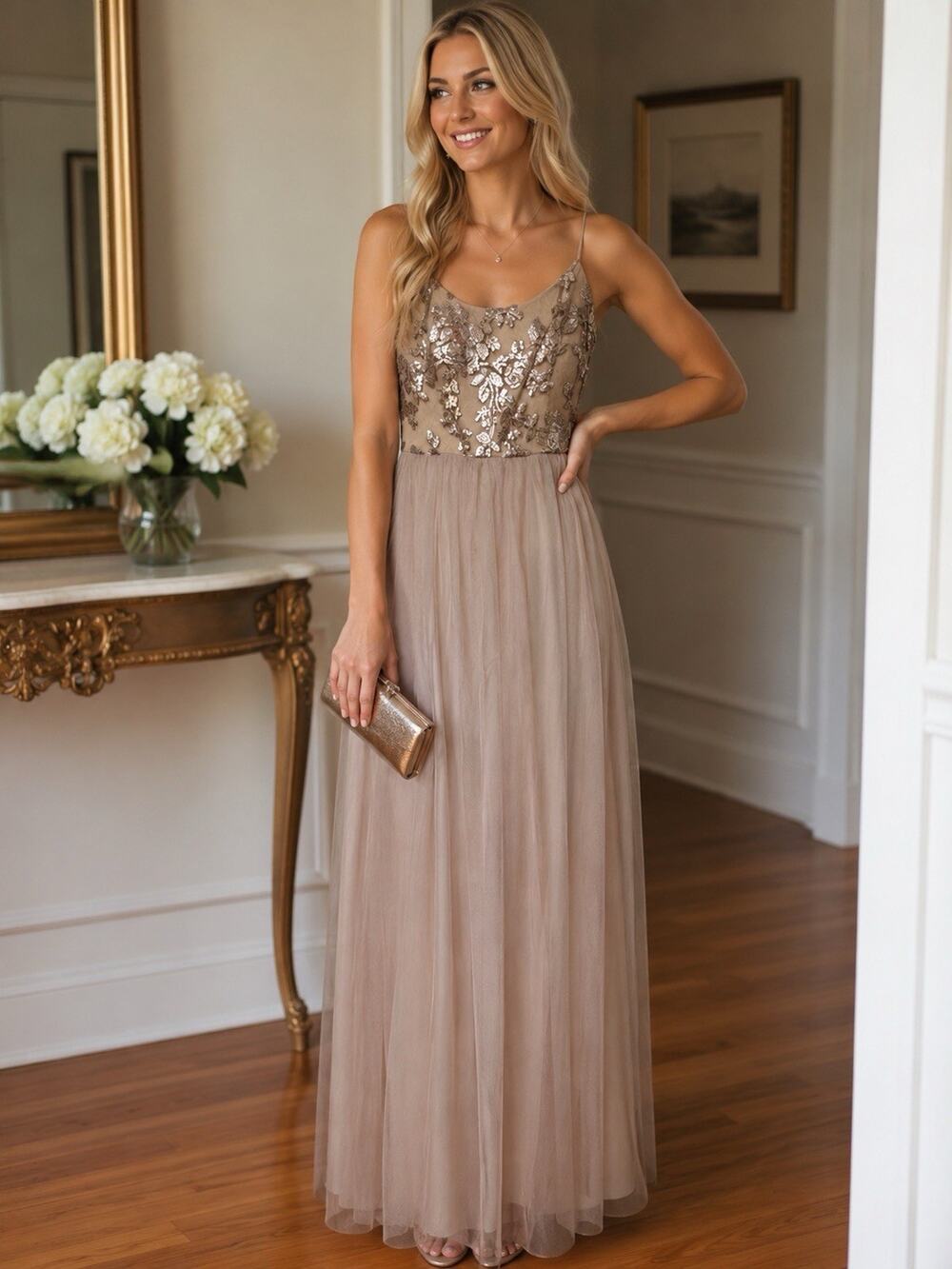 Amsale Beige Sequin Tulle Maxi Dress Size 10